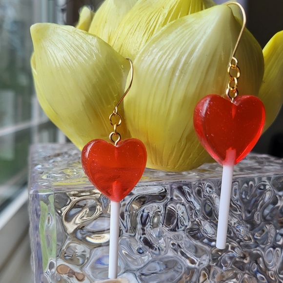 Hand Crafted Jewelry - ❤️ Glitter Heart Lollipop Earrings - Red